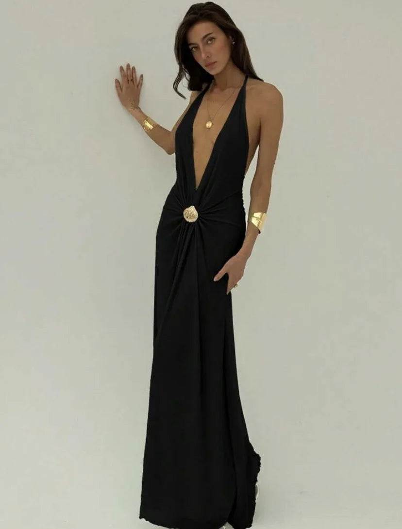 Sexy Deep V Backless Patchwork Long Dress Women's G25D253-2025 Cross-Border New Style Polyester Spandex High Waist Sleeveless