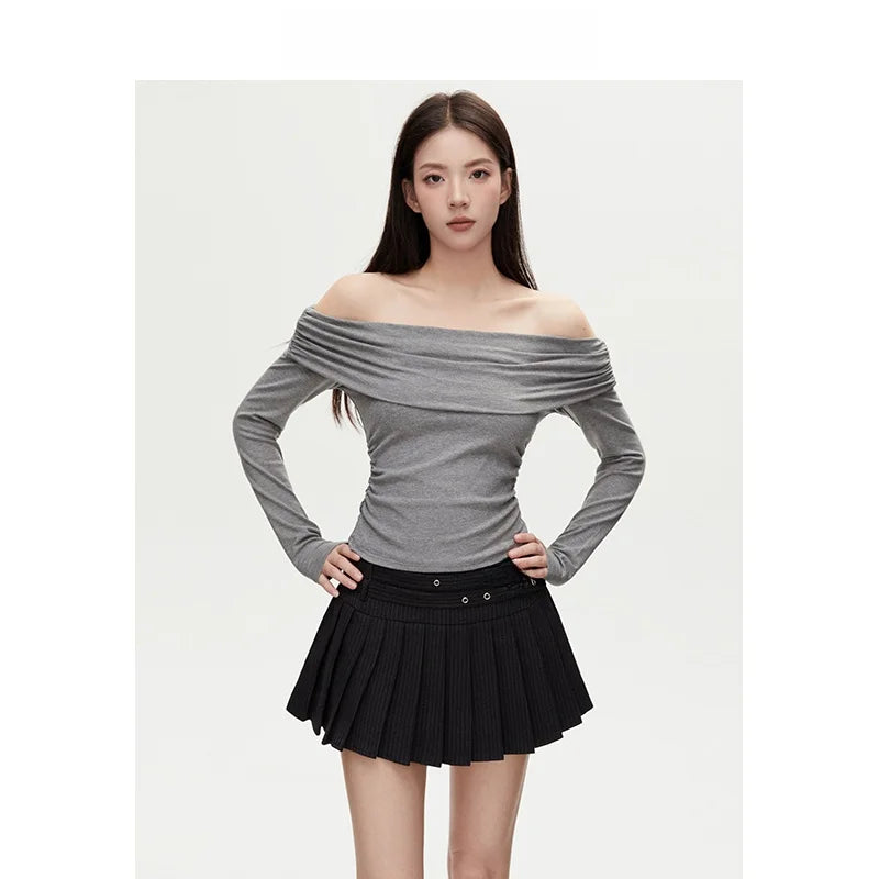 VIVIHY2025 Autumn Retro One-oulder Long Sve Base irt Women Slimming Spicy Red Inner ort Top Commute Casual