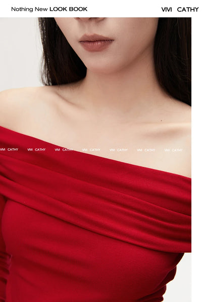 VIVIHY2025 Autumn Retro One-oulder Long Sve Base irt Women Slimming Spicy Red Inner ort Top Commute Casual