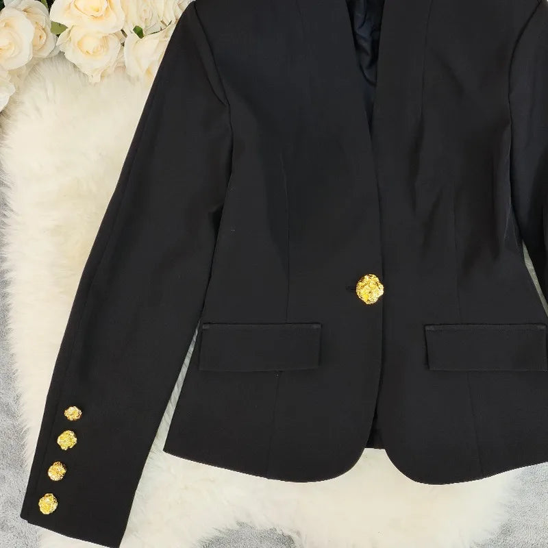 Elegant Blazer Women Fall 2025 Metal Button Suit Slim V Neck Long Sleeve Fake Pocket Jacket Shoulder Pads Office Lady Outwear