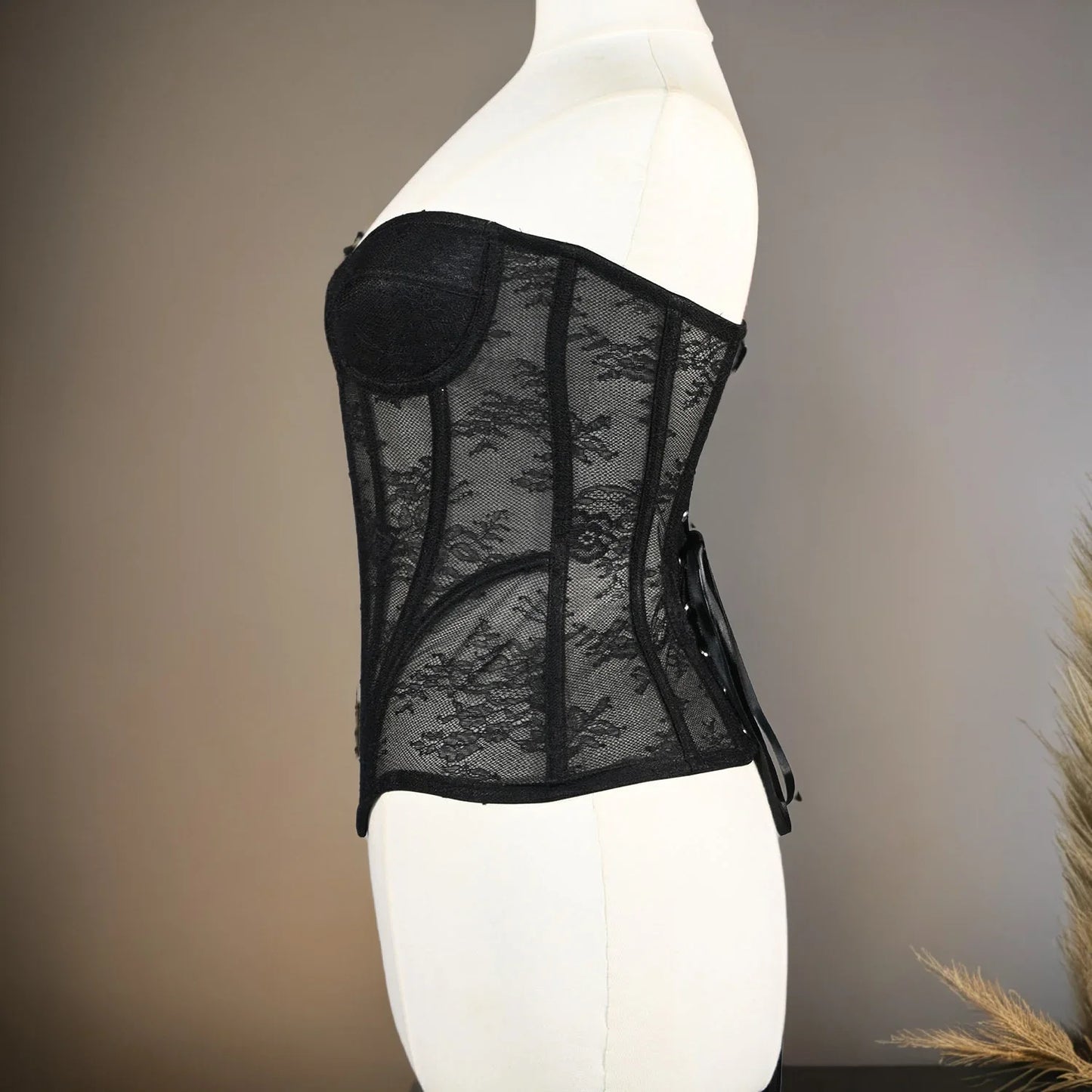 Women Mesh Corset Busiter Overbust Cups Push Breast Floral Lace Bodice Sext Tansparent Strapless Crop Tops Lace Up Steel Boned