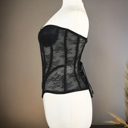 Women Mesh Corset Busiter Overbust Cups Push Breast Floral Lace Bodice Sext Tansparent Strapless Crop Tops Lace Up Steel Boned