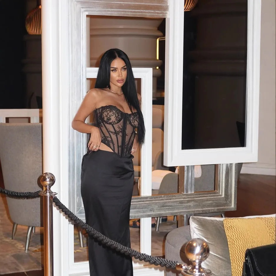 2025 new sweater new black sexy babes double mesh lace steel ring fishbone see-through tube top 150