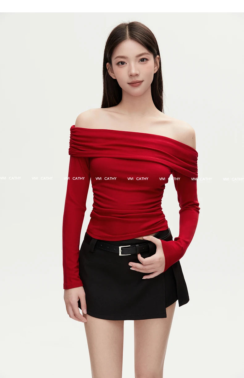 VIVIHY2025 Autumn Retro One-oulder Long Sve Base irt Women Slimming Spicy Red Inner ort Top Commute Casual