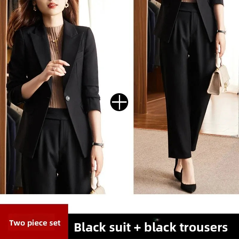Black Suit Set Women's Workwear Professional Autumn Winter Outfit Small Size Career Outerwear Office Uniform Long Pants