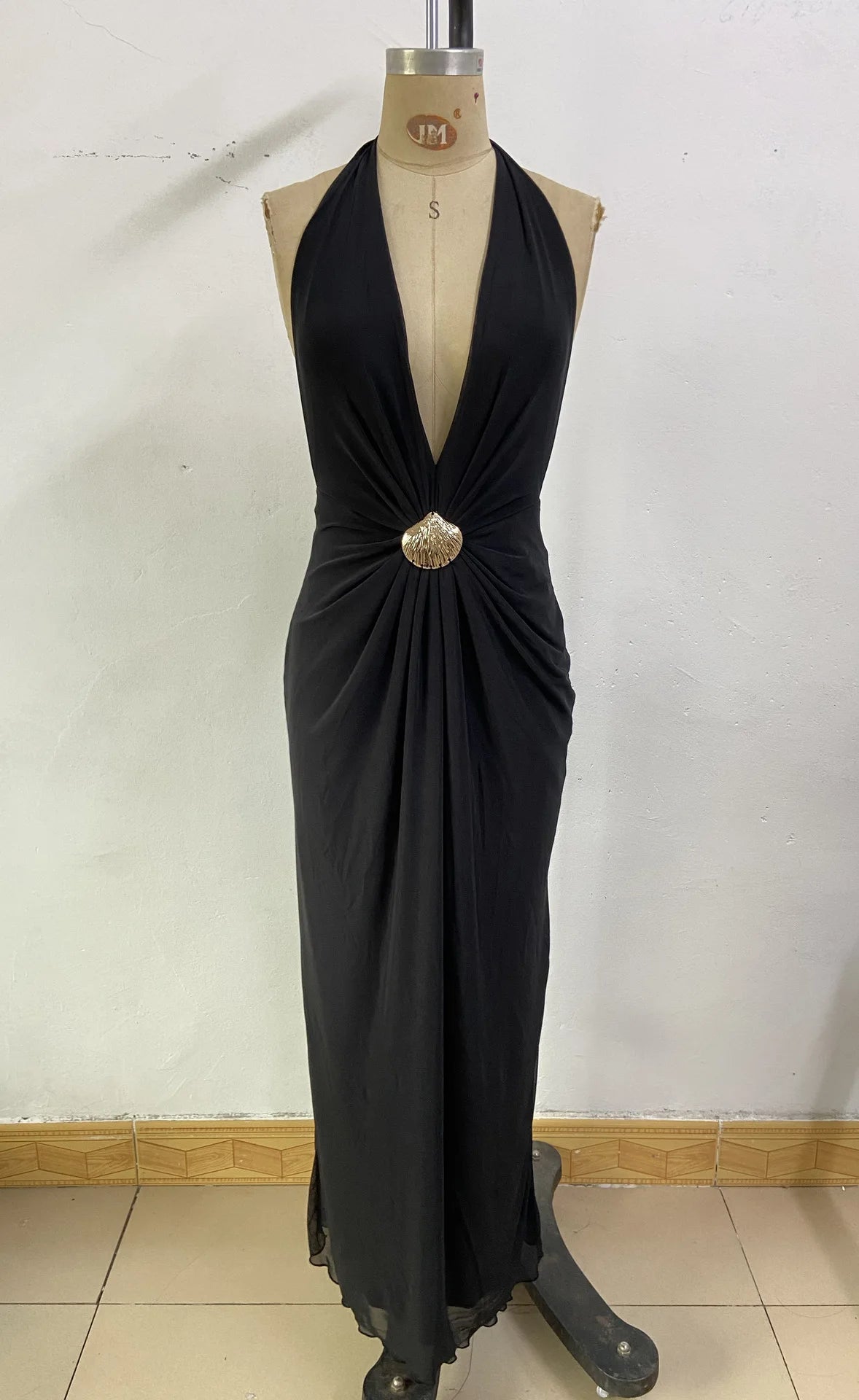 Sexy Deep V Backless Patchwork Long Dress Women's G25D253-2025 Cross-Border New Style Polyester Spandex High Waist Sleeveless