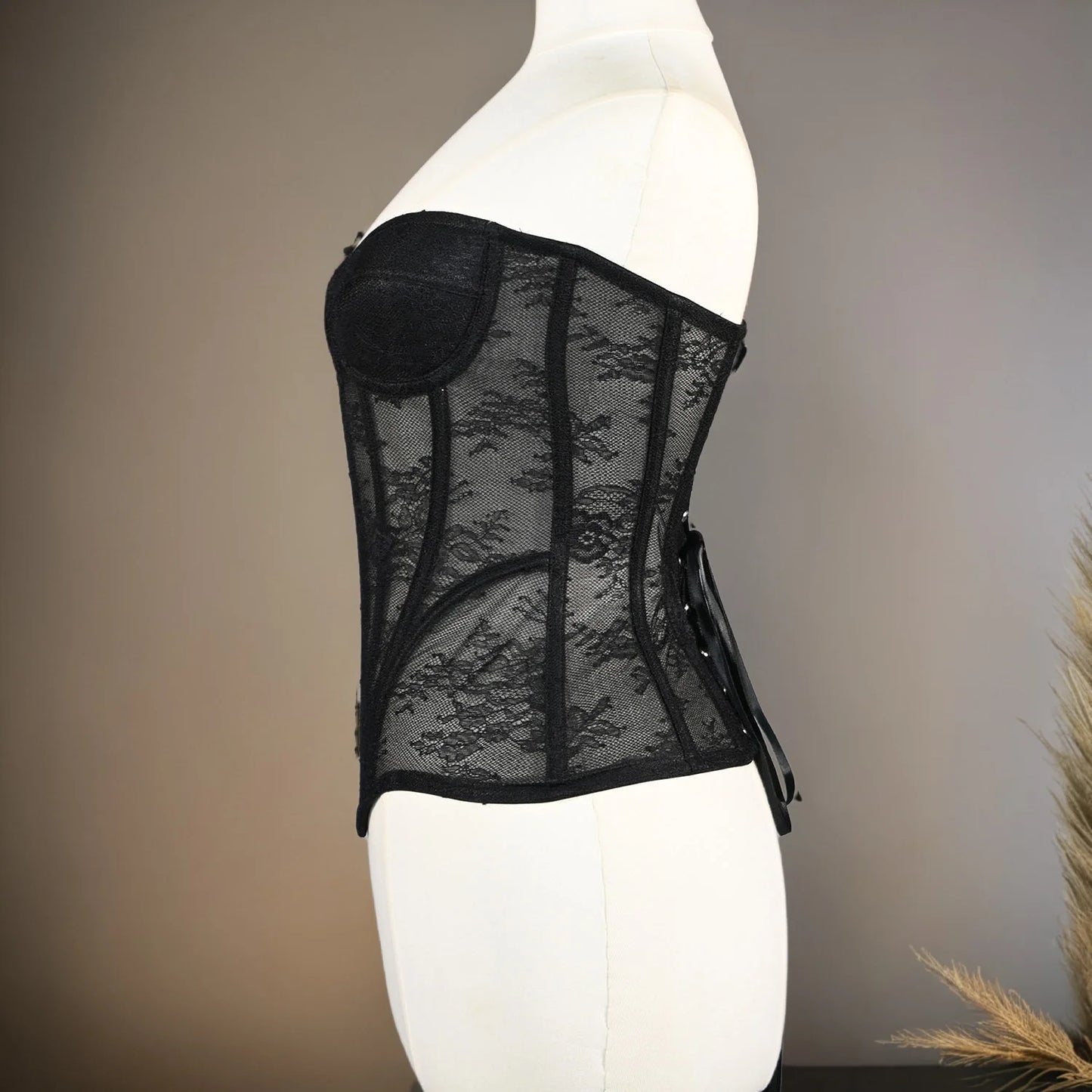 Women Fancy Corset Busiter Overbust Cups Push Breast Floral Lace Bodice Sext Tansparent Strapless Crop Tops Lace Up Steel Boned