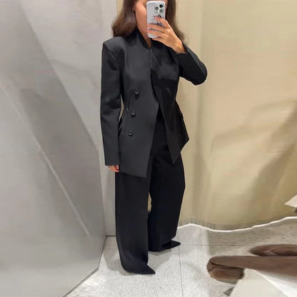 Elegant Blazer Pants Set Women Solid V-neck Long Sleeve Button Coat Wide Leg Trousers 2026 Spring Fashion Office Lady Outfits