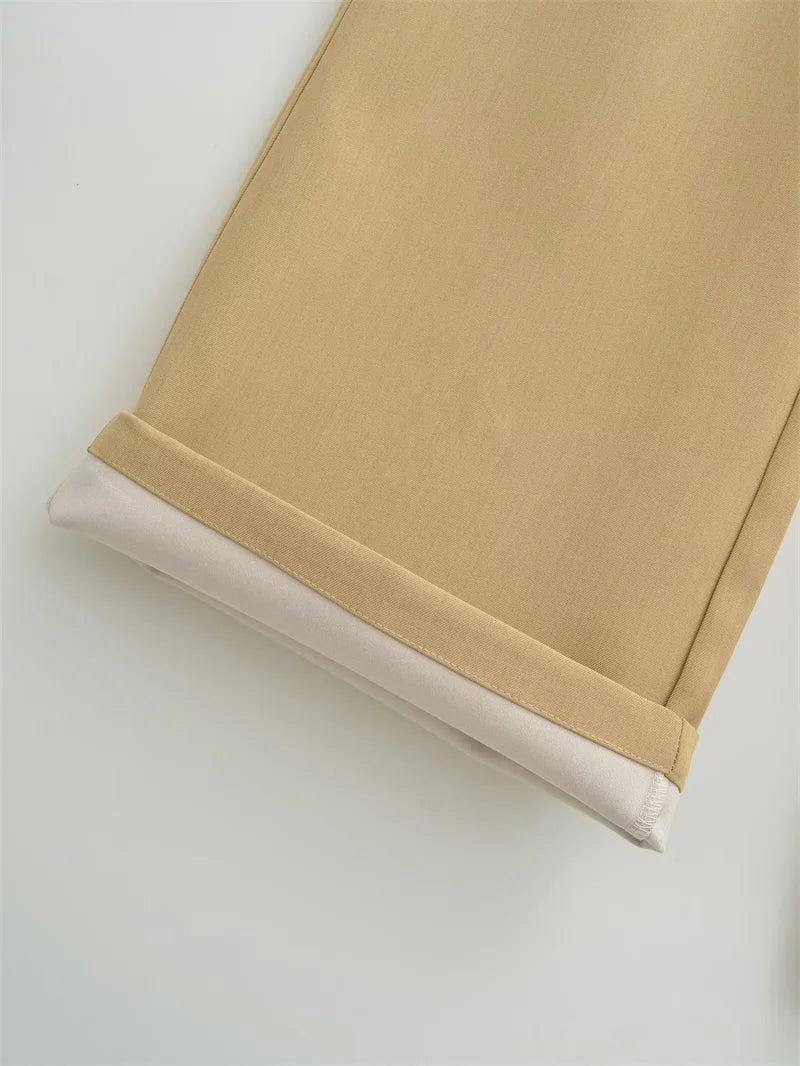 BANA Khaki American Sle Narrow Straight Leg Pants Drapey Loose Fit Trousers High Waist Zipper Closure Straight Leg Pants