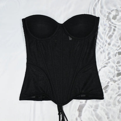 Women Fancy Corset Busiter Overbust Cups Push Breast Floral Lace Bodice Sext Tansparent Strapless Crop Tops Lace Up Steel Boned