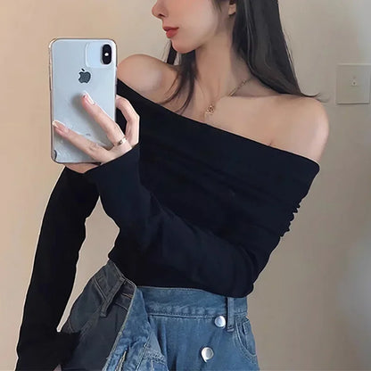 Women Off Shoulder Long Sleeve Knitted T-shirt Sexy Tops Solid Elegant Spring Summer New Spicy Girl Slim Fit Short Red Crop Top