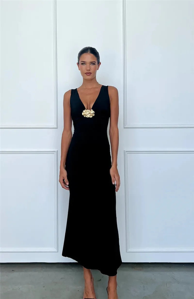 Mozision Elegant Deep V Neck Front Gold Clasp Sexy Maxi Dress For Women Black Gown Sleeveless Slim Fit Long Tank Dress Elegant