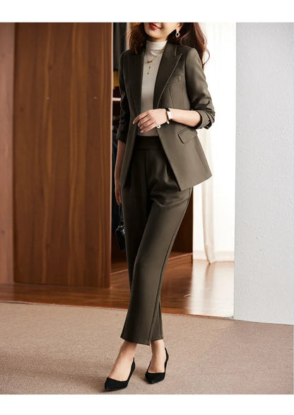 Black Suit Set Women's Workwear Professional Autumn Winter Outfit Small Size Career Outerwear Office Uniform Long Pants