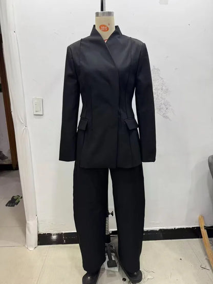 ETJ 2025 women's new fashion design three-dimensional cut high collar slim suit jacket & matching casual trousers