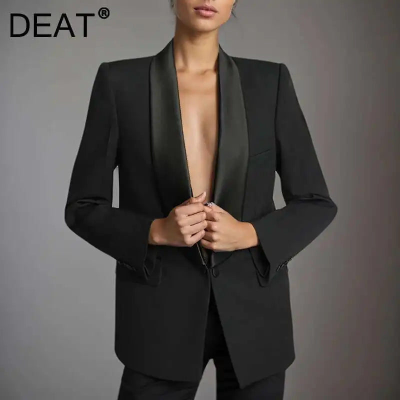 DEAT Fashion Blazer Women's Shawl Collar Solid Color Long Sleeves Single Button Suit Jackets New Tide 7AB8499