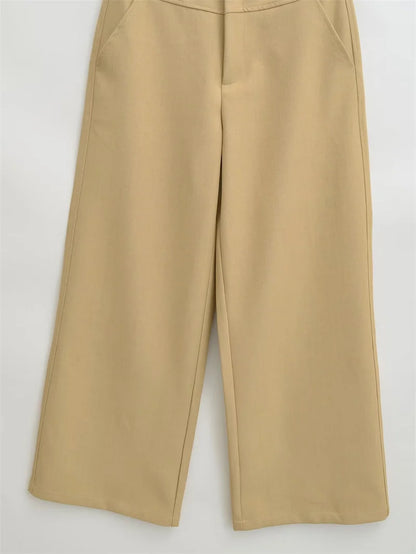 BANA Khaki American Sle Narrow Straight Leg Pants Drapey Loose Fit Trousers High Waist Zipper Closure Straight Leg Pants