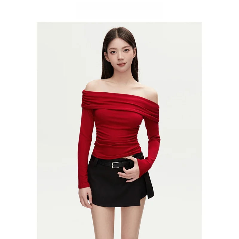 VIVIHY2025 Autumn Retro One-oulder Long Sve Base irt Women Slimming Spicy Red Inner ort Top Commute Casual