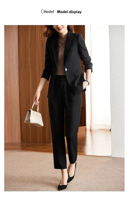 Black Suit Set Women's Workwear Professional Autumn Winter Outfit Small Size Career Outerwear Office Uniform Long Pants