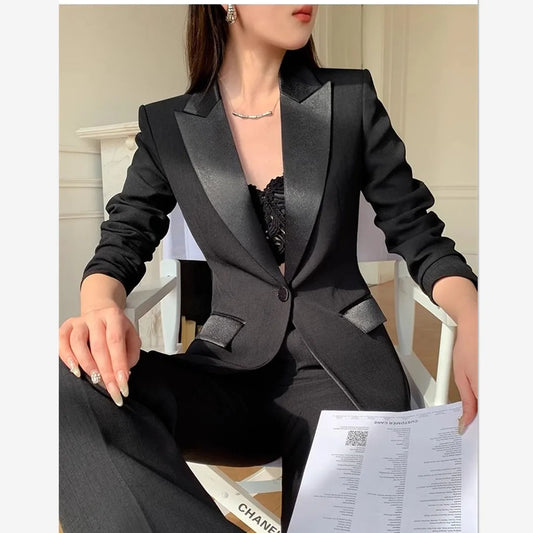 Solid Color OL Patchwork Two Piece Set Women Notched Collar One Button Outwear +Micro Flared Pants Spring Set 276M ﻿