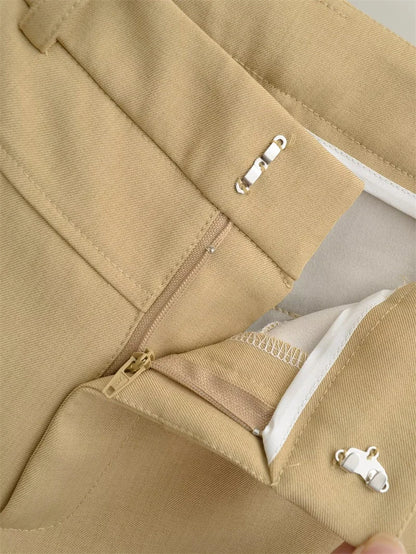 BANA Khaki American Sle Narrow Straight Leg Pants Drapey Loose Fit Trousers High Waist Zipper Closure Straight Leg Pants