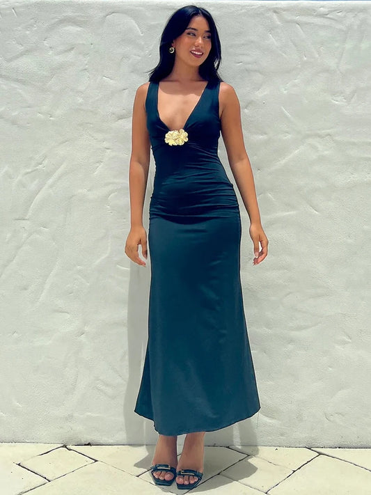 Mozision Elegant Deep V Neck Front Gold Clasp Sexy Maxi Dress For Women Black Gown Sleeveless Slim Fit Long Tank Dress Elegant