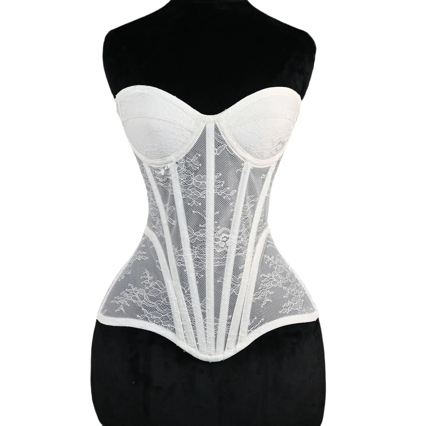 Women Mesh Corset Busiter Overbust Cups Push Breast Floral Lace Bodice Sext Tansparent Strapless Crop Tops Lace Up Steel Boned