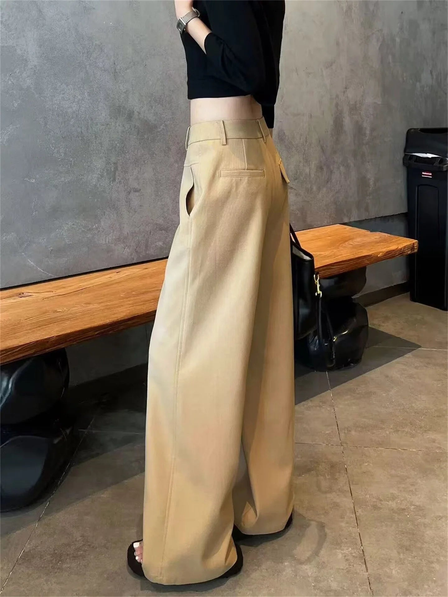 BANA Khaki American Sle Narrow Straight Leg Pants Drapey Loose Fit Trousers High Waist Zipper Closure Straight Leg Pants