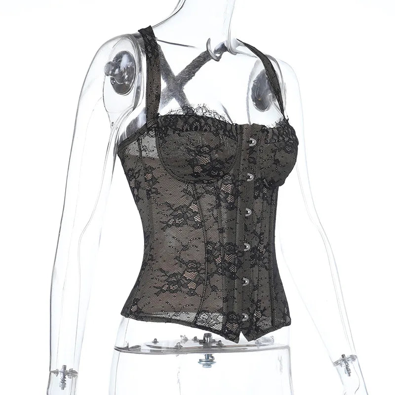 Women Fashion Elegant Lace See Through Skinny Mini Y2K Underwear Corset Crop Tops 2025 Sleeveless Sexy Club Slim Fit Tank Top