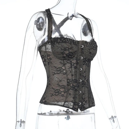 Women Fashion Elegant Lace See Through Skinny Mini Y2K Underwear Corset Crop Tops 2025 Sleeveless Sexy Club Slim Fit Tank Top