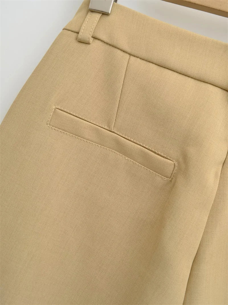 BANA Khaki American Sle Narrow Straight Leg Pants Drapey Loose Fit Trousers High Waist Zipper Closure Straight Leg Pants