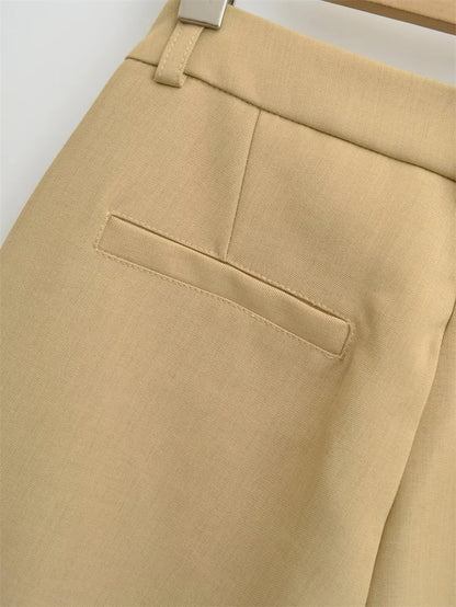 BANA Khaki American Sle Narrow Straight Leg Pants Drapey Loose Fit Trousers High Waist Zipper Closure Straight Leg Pants