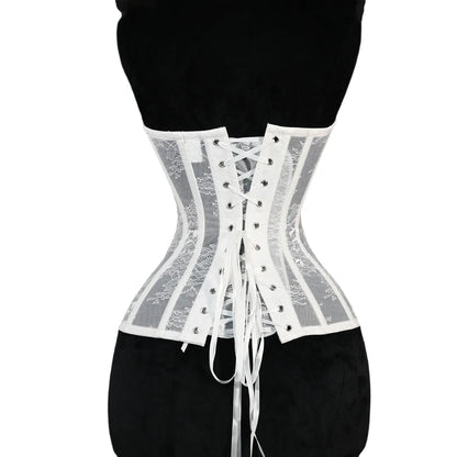 Women Mesh Corset Busiter Overbust Cups Push Breast Floral Lace Bodice Sext Tansparent Strapless Crop Tops Lace Up Steel Boned