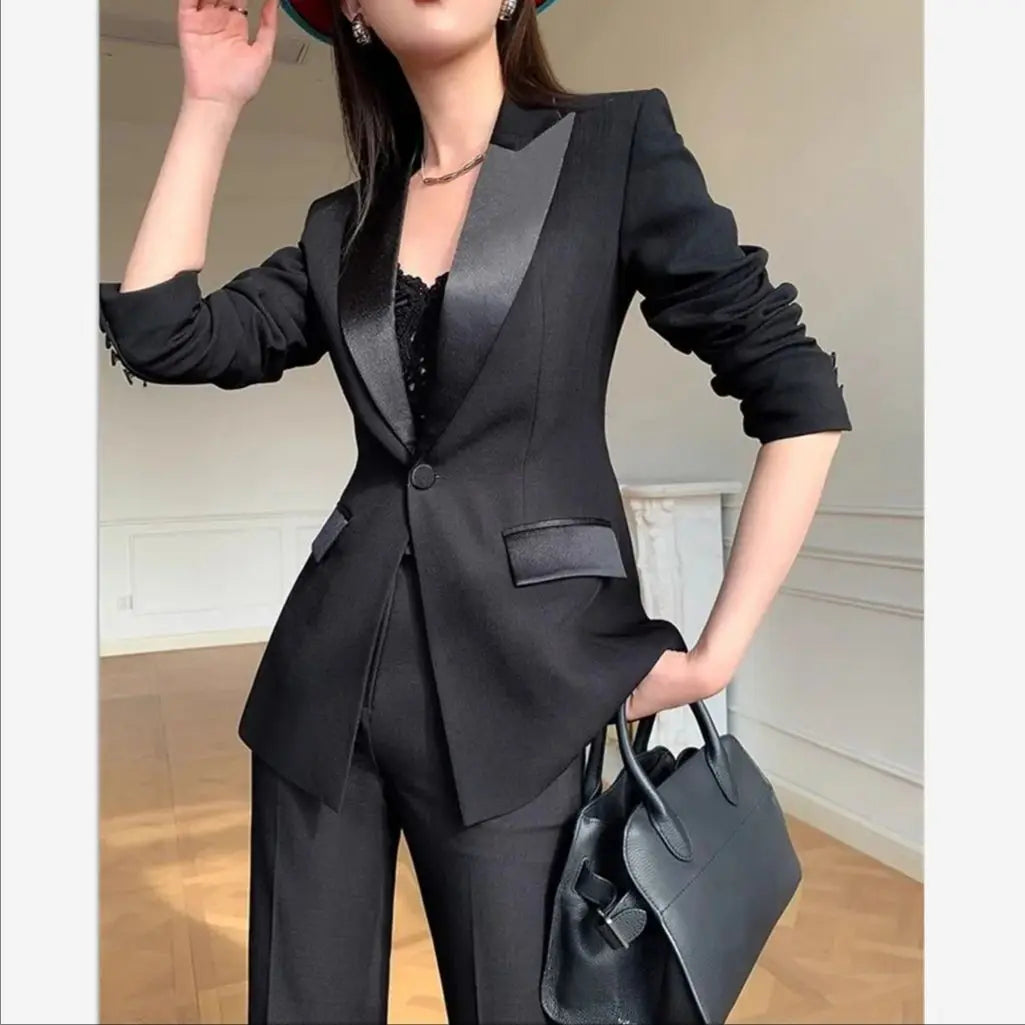 Solid Color OL Patchwork Two Piece Set Women Notched Collar One Button Outwear +Micro Flared Pants Spring Set 276M ﻿