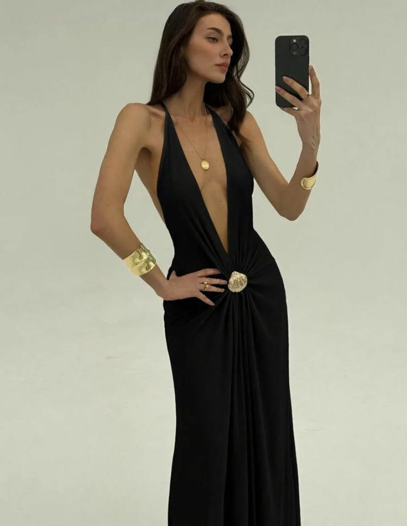 Sexy Deep V Backless Patchwork Long Dress Women's G25D253-2025 Cross-Border New Style Polyester Spandex High Waist Sleeveless