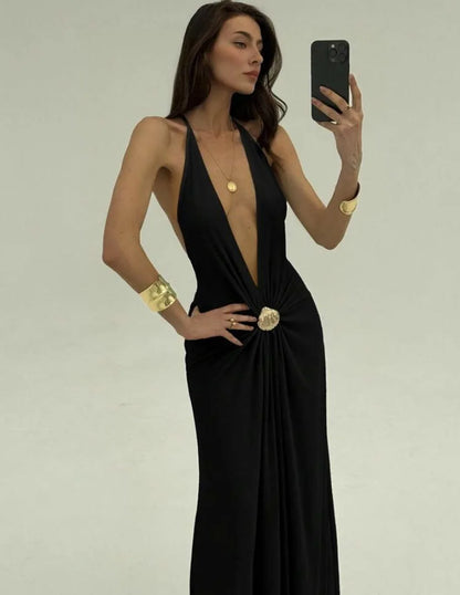 Sexy Deep V Backless Patchwork Long Dress Women's G25D253-2025 Cross-Border New Style Polyester Spandex High Waist Sleeveless