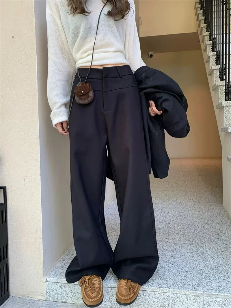 BANA Khaki American Sle Narrow Straight Leg Pants Drapey Loose Fit Trousers High Waist Zipper Closure Straight Leg Pants