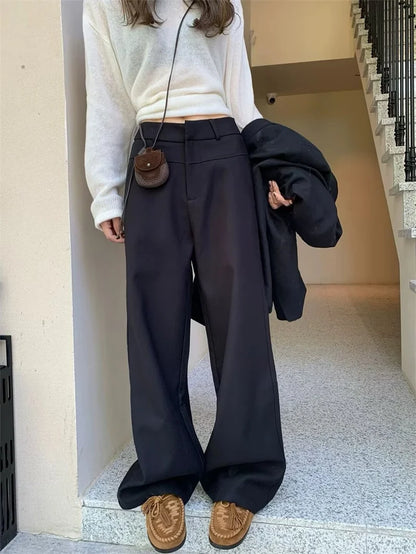 BANA Khaki American Sle Narrow Straight Leg Pants Drapey Loose Fit Trousers High Waist Zipper Closure Straight Leg Pants