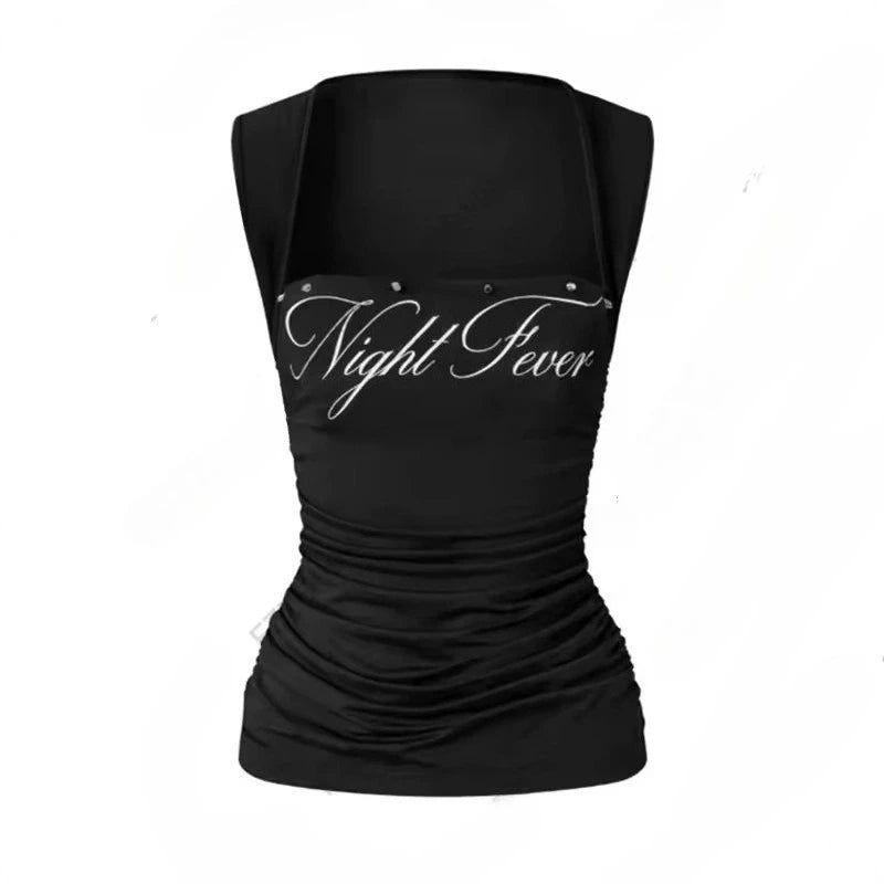 Sexy Euramerican Summer Fashion Square Collar Sleeveless Tank Top Y2k Spice Girl Letter Print Women Camisole Harajuku Punk Tees