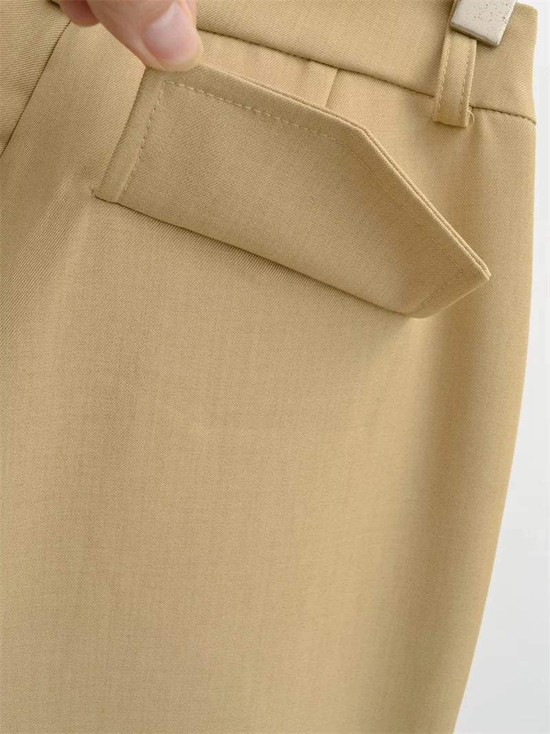 BANA Khaki American Sle Narrow Straight Leg Pants Drapey Loose Fit Trousers High Waist Zipper Closure Straight Leg Pants