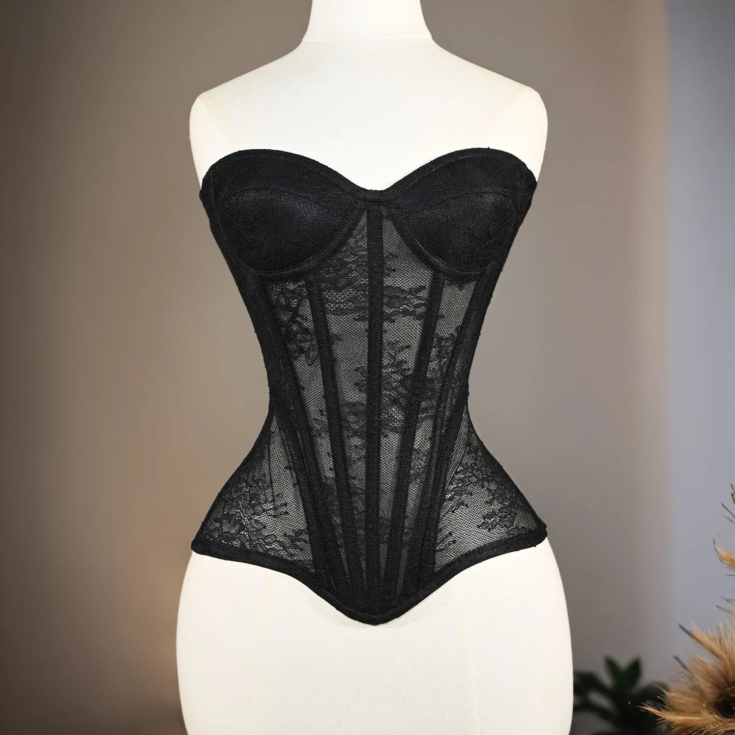 Women Mesh Corset Busiter Overbust Cups Push Breast Floral Lace Bodice Sext Tansparent Strapless Crop Tops Lace Up Steel Boned