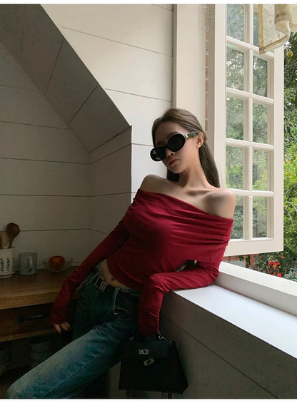 Sexy Tops Off Shoulder Long Sleeve Crop Top Women's Autumn/Winter 2024 New Spicy Girl Slim Fit Short Red T-shirt