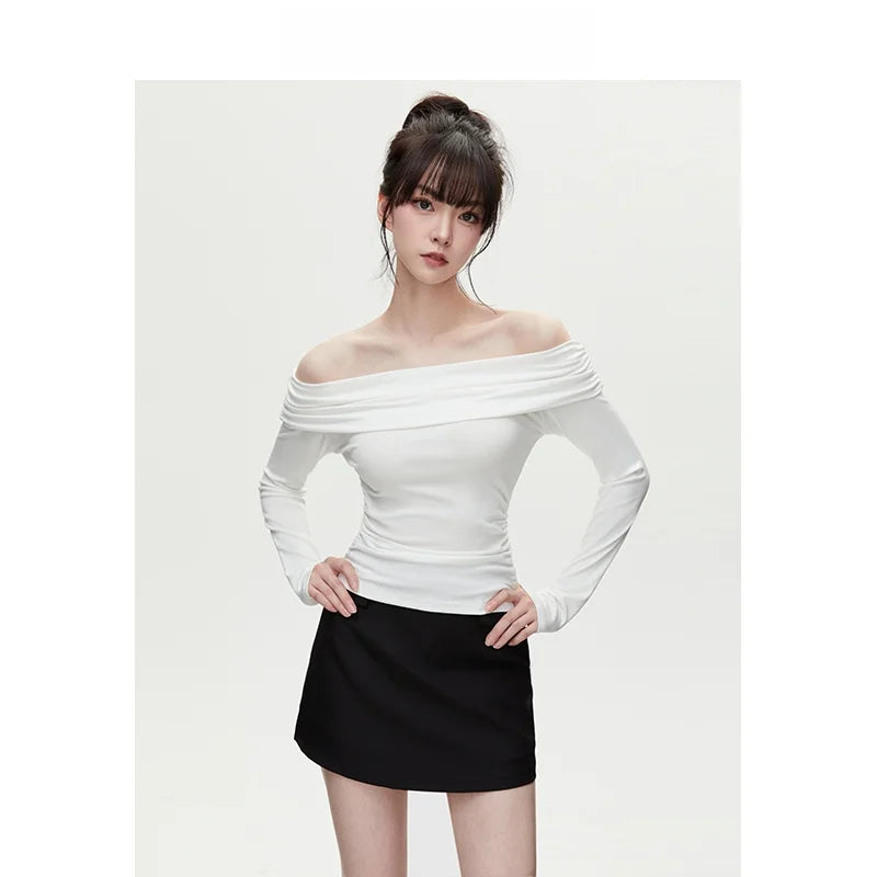 VIVIHY2025 Autumn Retro One-oulder Long Sve Base irt Women Slimming Spicy Red Inner ort Top Commute Casual