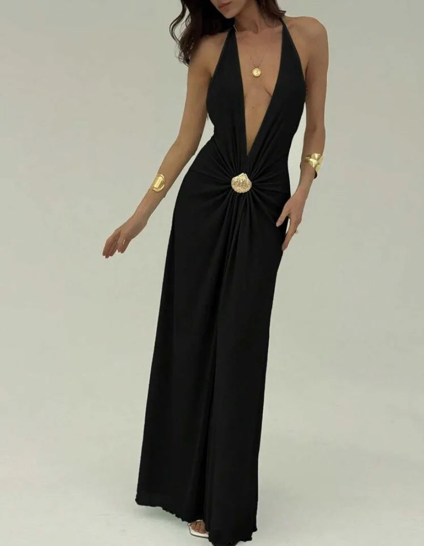 Sexy Deep V Backless Patchwork Long Dress Women's G25D253-2025 Cross-Border New Style Polyester Spandex High Waist Sleeveless