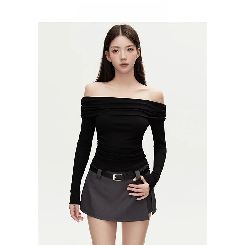 VIVIHY2025 Autumn Retro One-oulder Long Sve Base irt Women Slimming Spicy Red Inner ort Top Commute Casual