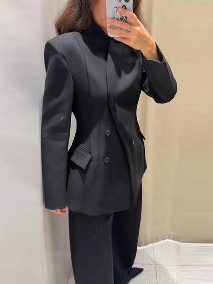 Elegant Blazer Pants Set Women Solid V-neck Long Sleeve Button Coat Wide Leg Trousers 2026 Spring Fashion Office Lady Outfits