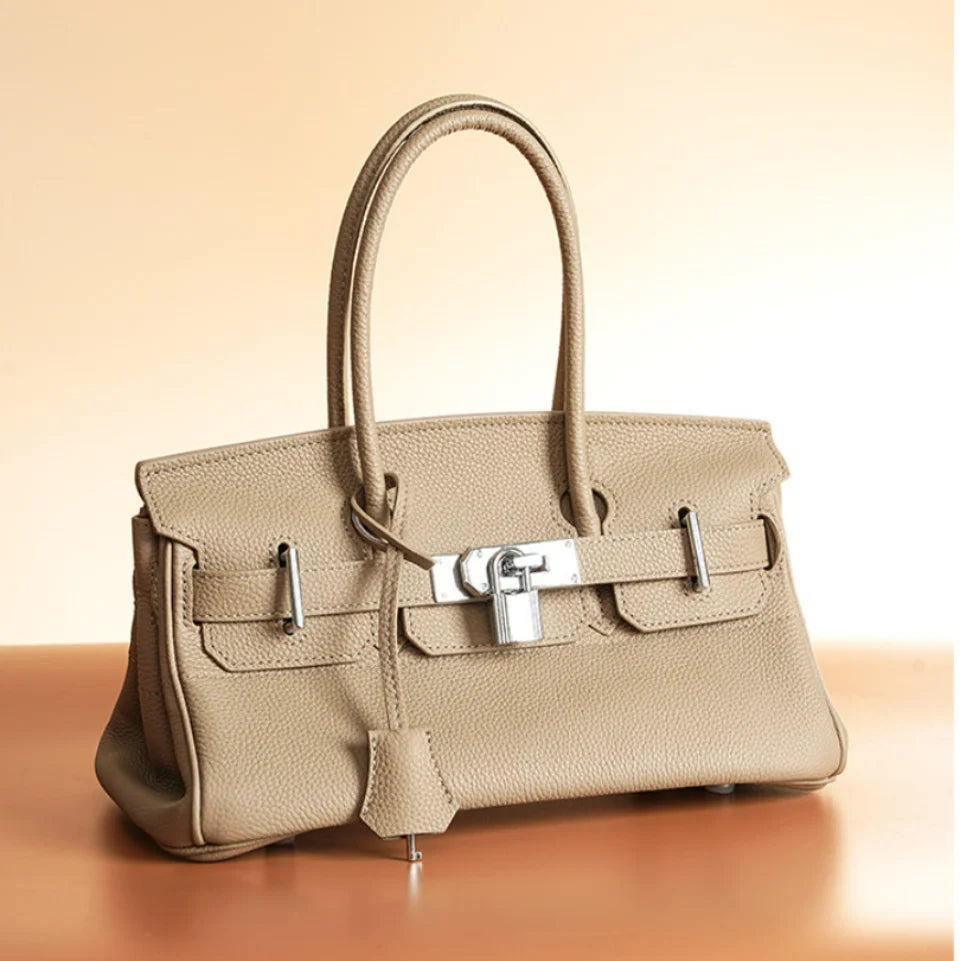 Women's Genuine Leather Fashion Handbag Top Handle Pure Color Casual Tote for Ladies Functional Commuting Shoulder Bags