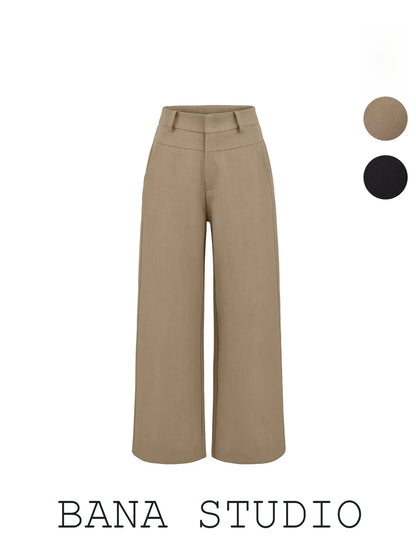 BANA Khaki American Sle Narrow Straight Leg Pants Drapey Loose Fit Trousers High Waist Zipper Closure Straight Leg Pants
