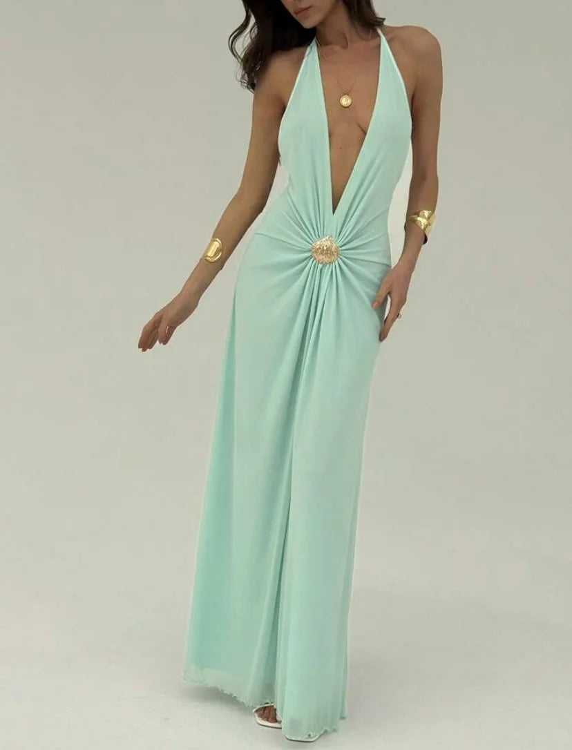 Sexy Deep V Backless Patchwork Long Dress Women's G25D253-2025 Cross-Border New Style Polyester Spandex High Waist Sleeveless