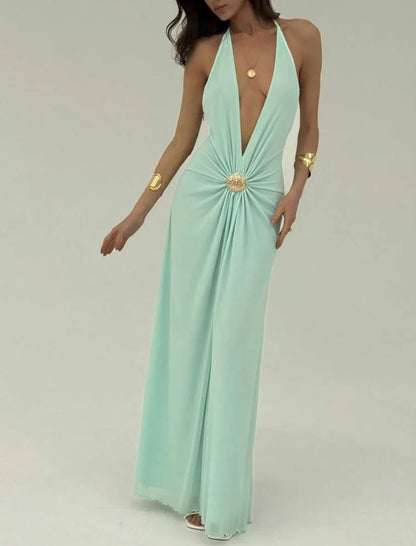 Sexy Deep V Backless Patchwork Long Dress Women's G25D253-2025 Cross-Border New Style Polyester Spandex High Waist Sleeveless