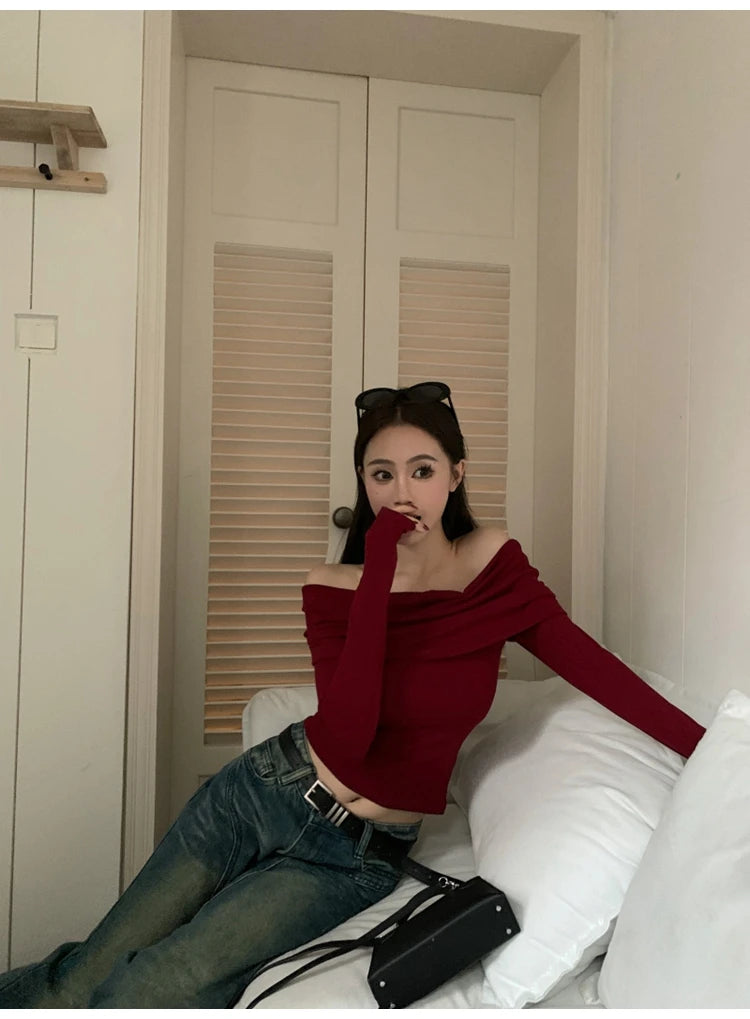 Sexy Tops Off Shoulder Long Sleeve Crop Top Women's Autumn/Winter 2024 New Spicy Girl Slim Fit Short Red T-shirt